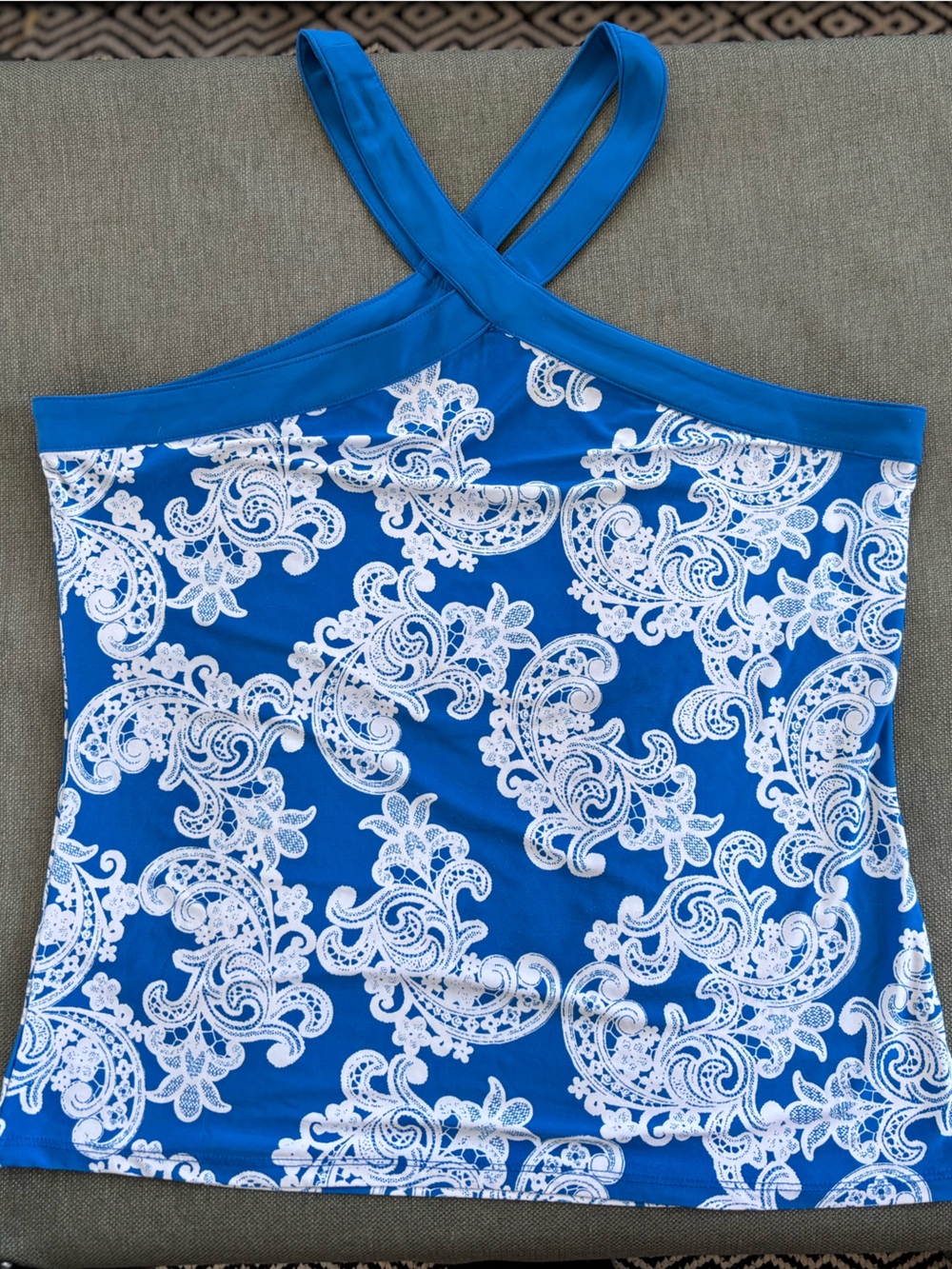 INC International Concepts Royal Blue & White Paisley Crossback Tank